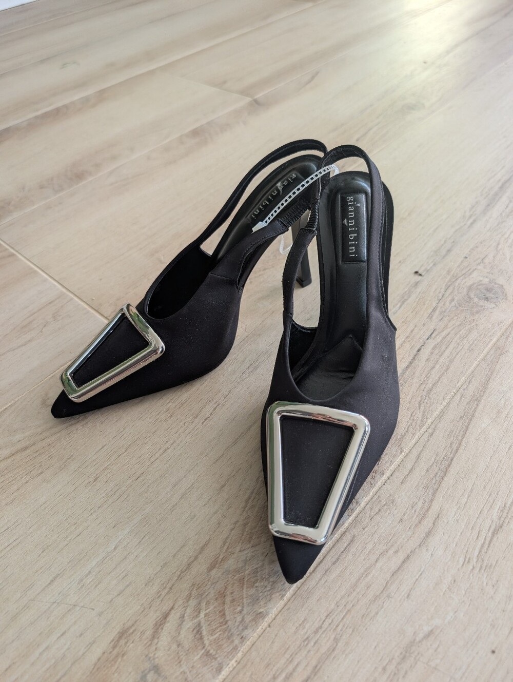 Gianni Bini Black Pointed Slingback Heels with Silver Geometric Buckle
